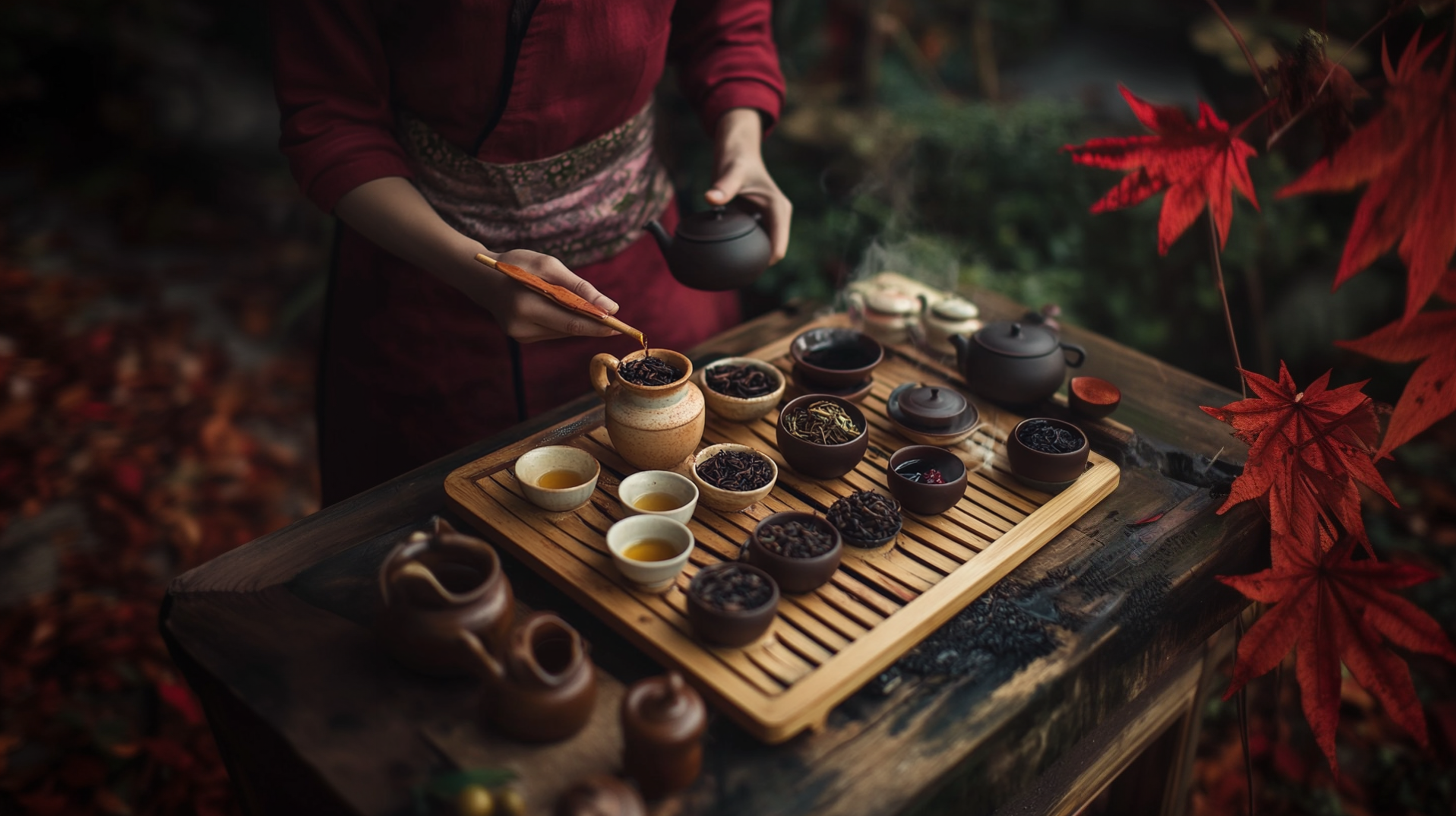 Traditional Chinese tea ceremony with various loose-leaf teas, clay pots, and autumn leaves.