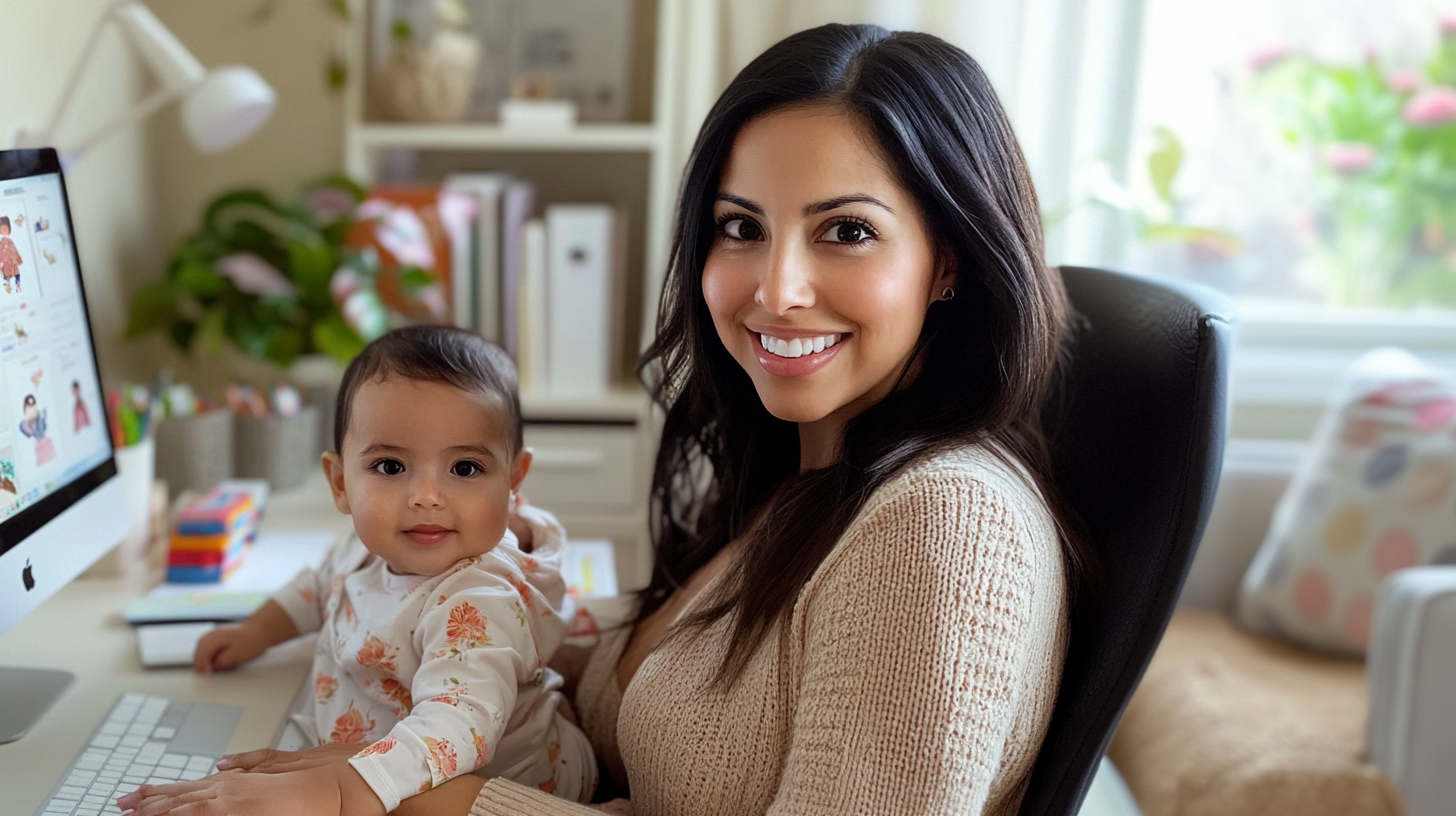 Mamá emprendedora con su bebé trabajando desde casa,  representan negocio digital  y emprendimiento .