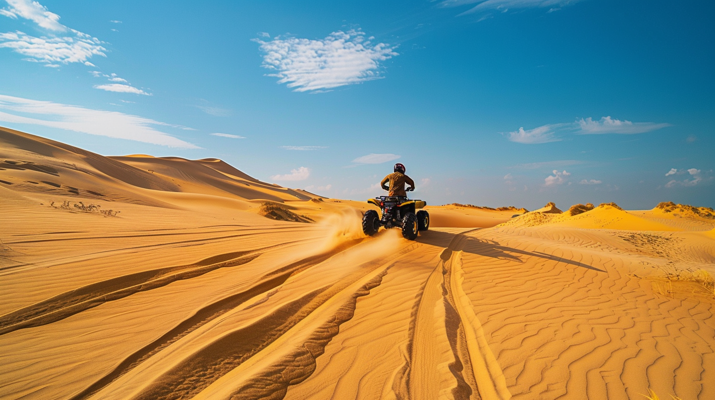 Un homme conduisant un quad - VTT dans le désert