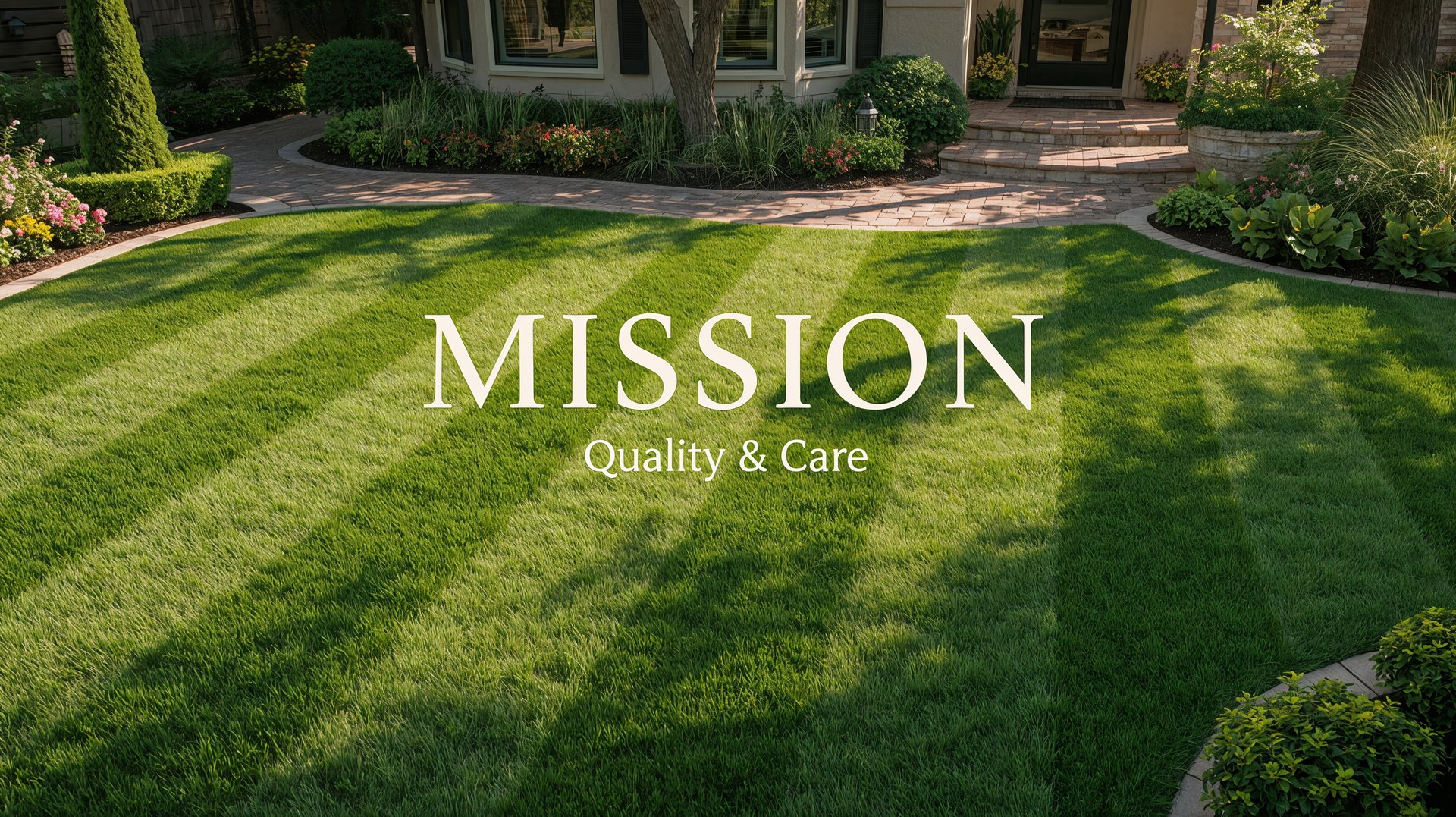 Beautiful landscaped yard with the word mission representing quality and care in outdoor spaces