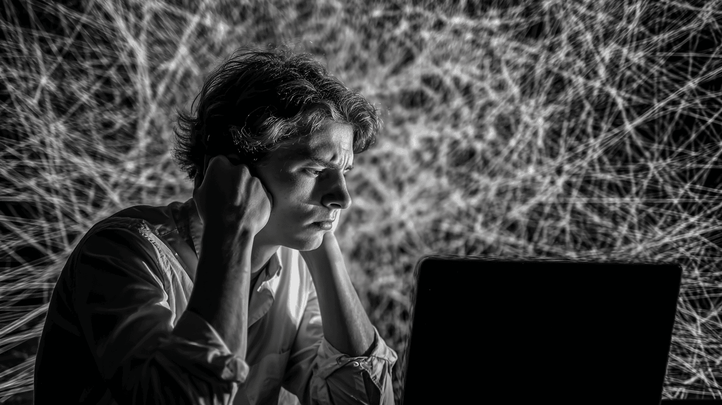 a man sitting at a laptop computer with a laptop on his lap