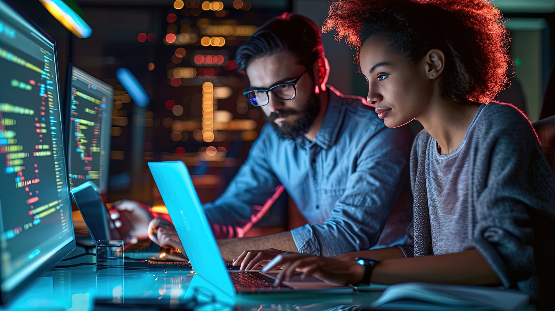 Homem e mulher trabalhando em um laptop, simbolizando desenvolvimento de tecnologias para projetos."