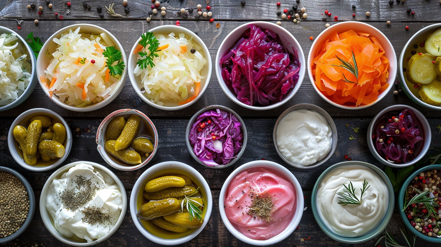 16 bowls of fermented foods on a wooden table