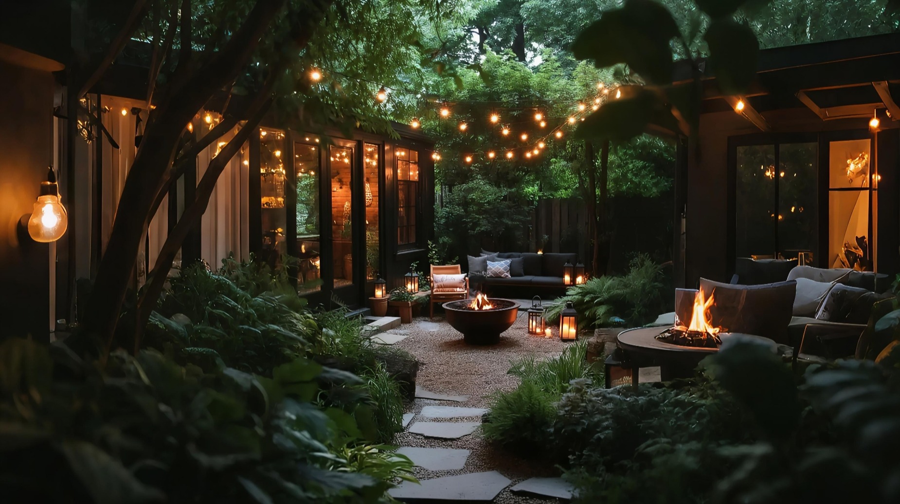 Cozy backyard patio at night with warm string lights, fire pits, and lush garden landscaping.