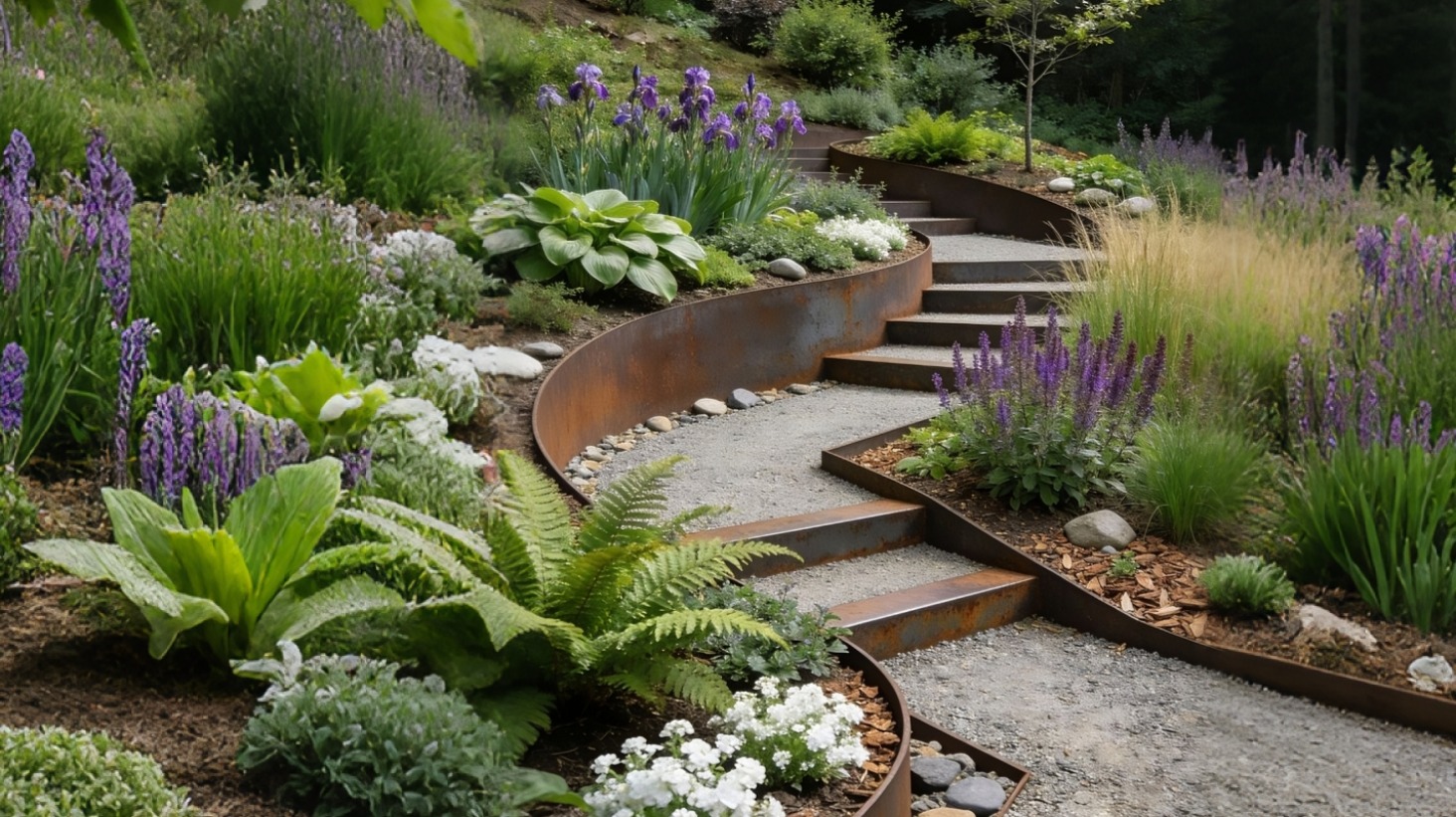 Curved steel landscape edging with garden steps, featuring purple irises, ferns, and lush perennials.
