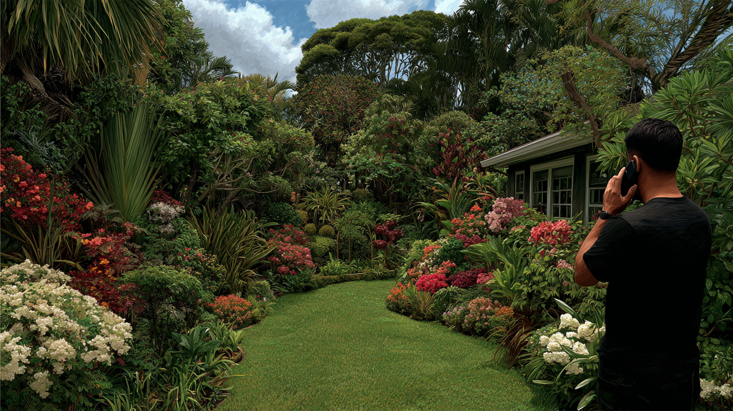 A man on a phone call stands in a lush tropical garden with vibrant flowers and exotic plants.