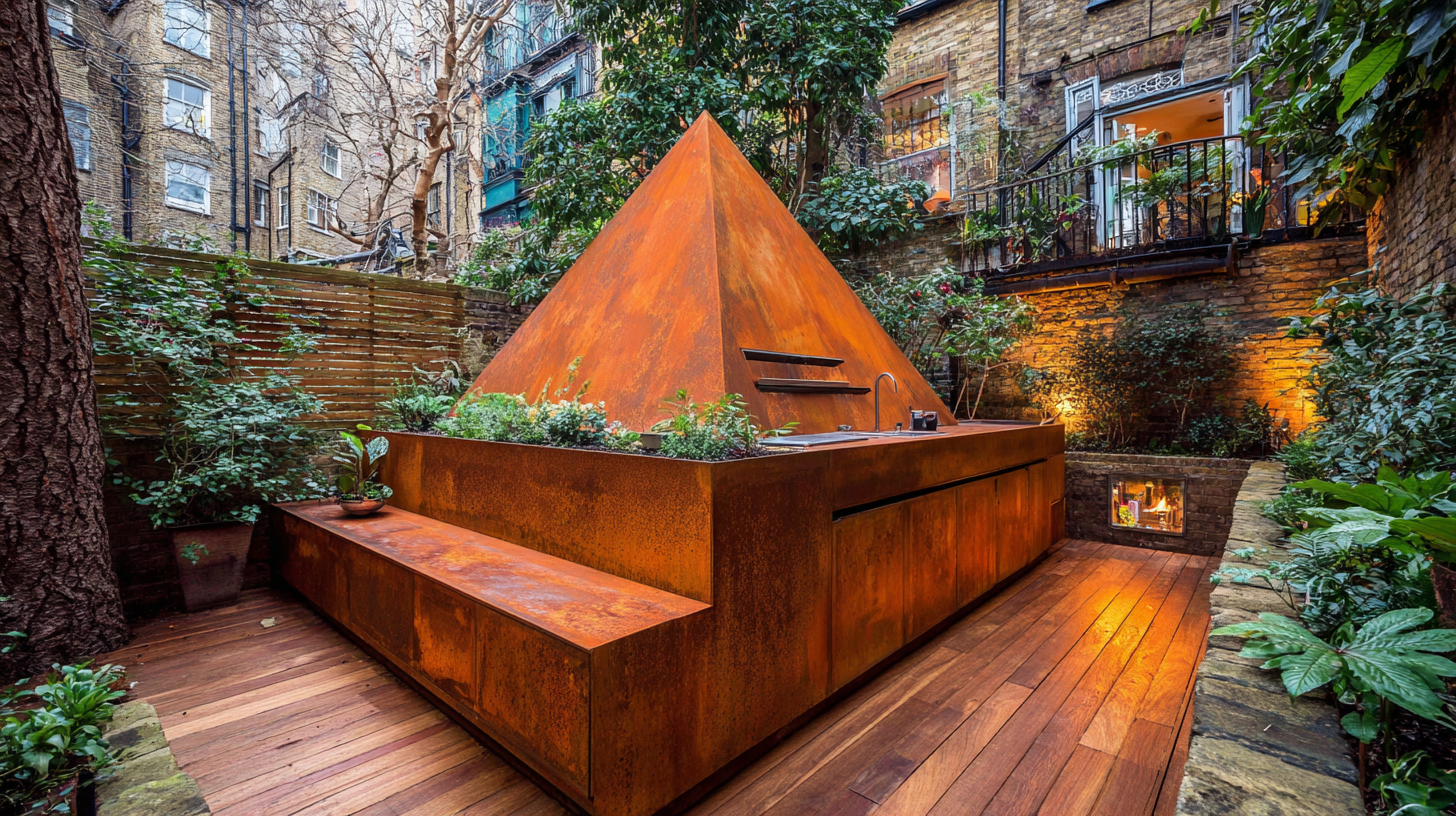 A modern corten steel pyramid outdoor kitchen and seating area in a lush urban garden patio.