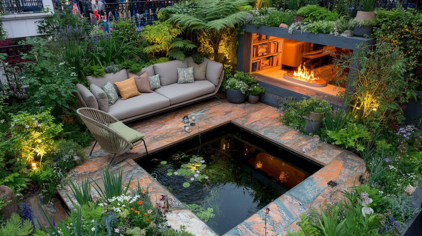 Modern sunken garden with a square koi pond, luxury outdoor sofa, and a cozy built-in fireplace nook.