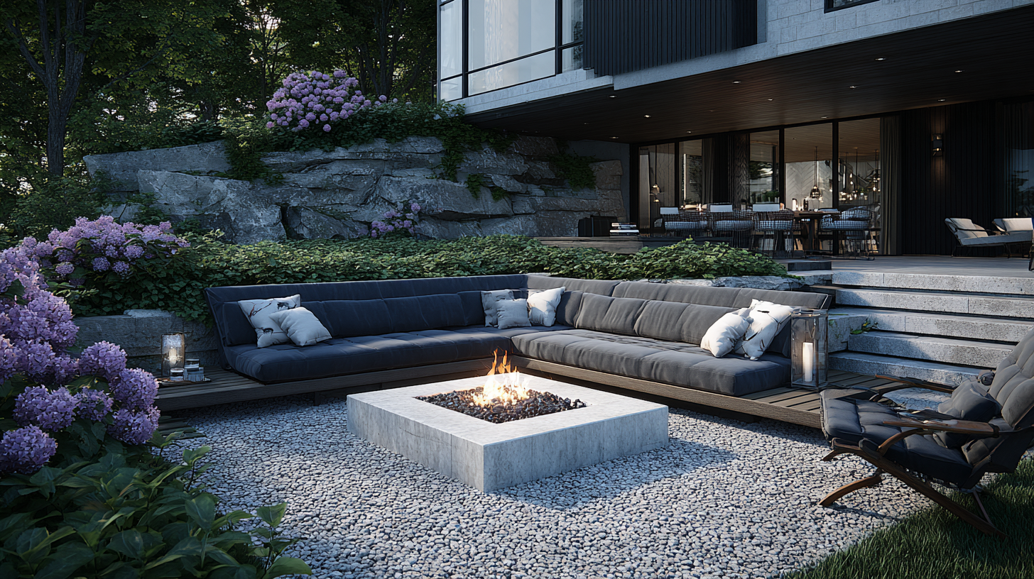 Modern luxury backyard patio with a square concrete fire pit, charcoal sectional sofa, and purple hydrangeas.