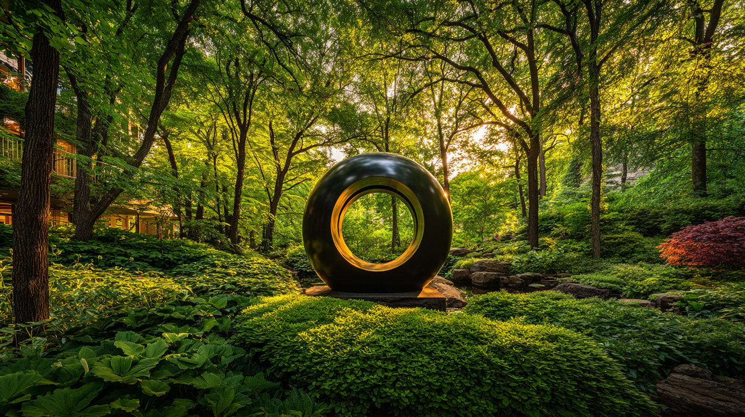 Modern circular ring sculpture in a lush green garden forest with sunlight filtering through the trees.