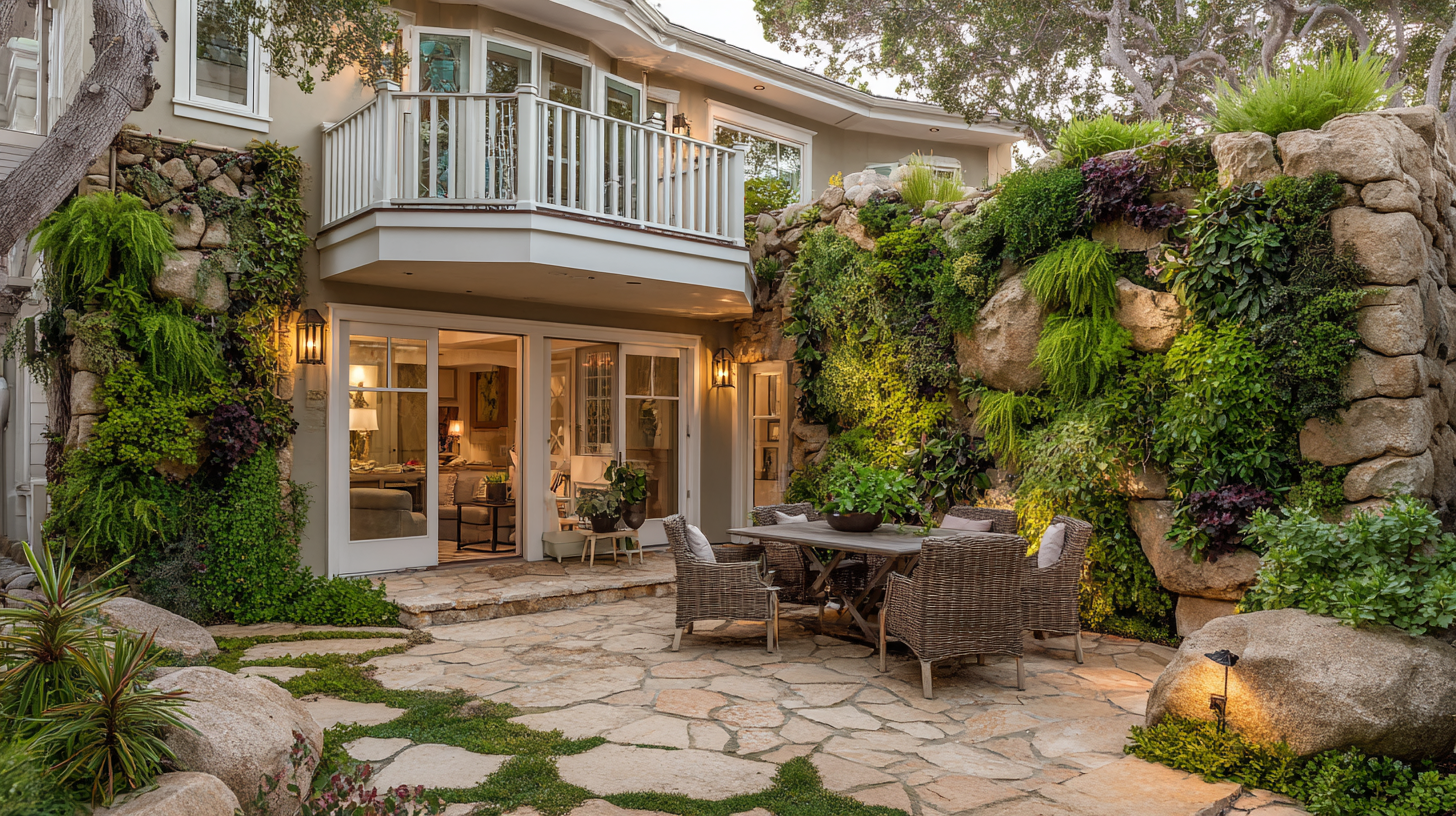 Luxury flagstone patio with wicker dining set and a lush vertical garden wall integrated into natural rock.