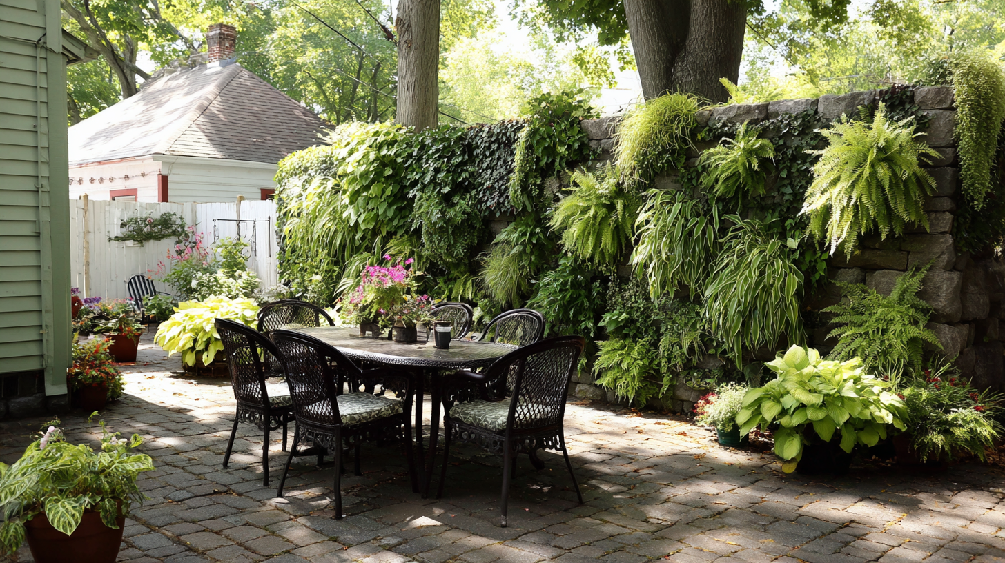 Backyard stone patio featuring a dining set and a vertical garden stone wall with lush ferns and ivy.