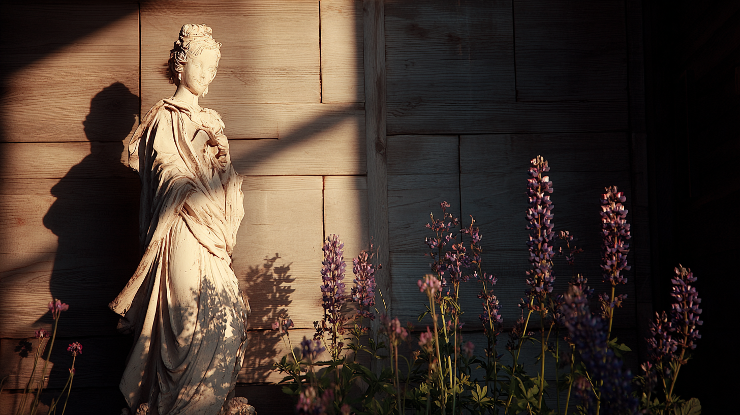 Elegant female garden statue standing near purple lupine flowers at sunset with warm shadows.