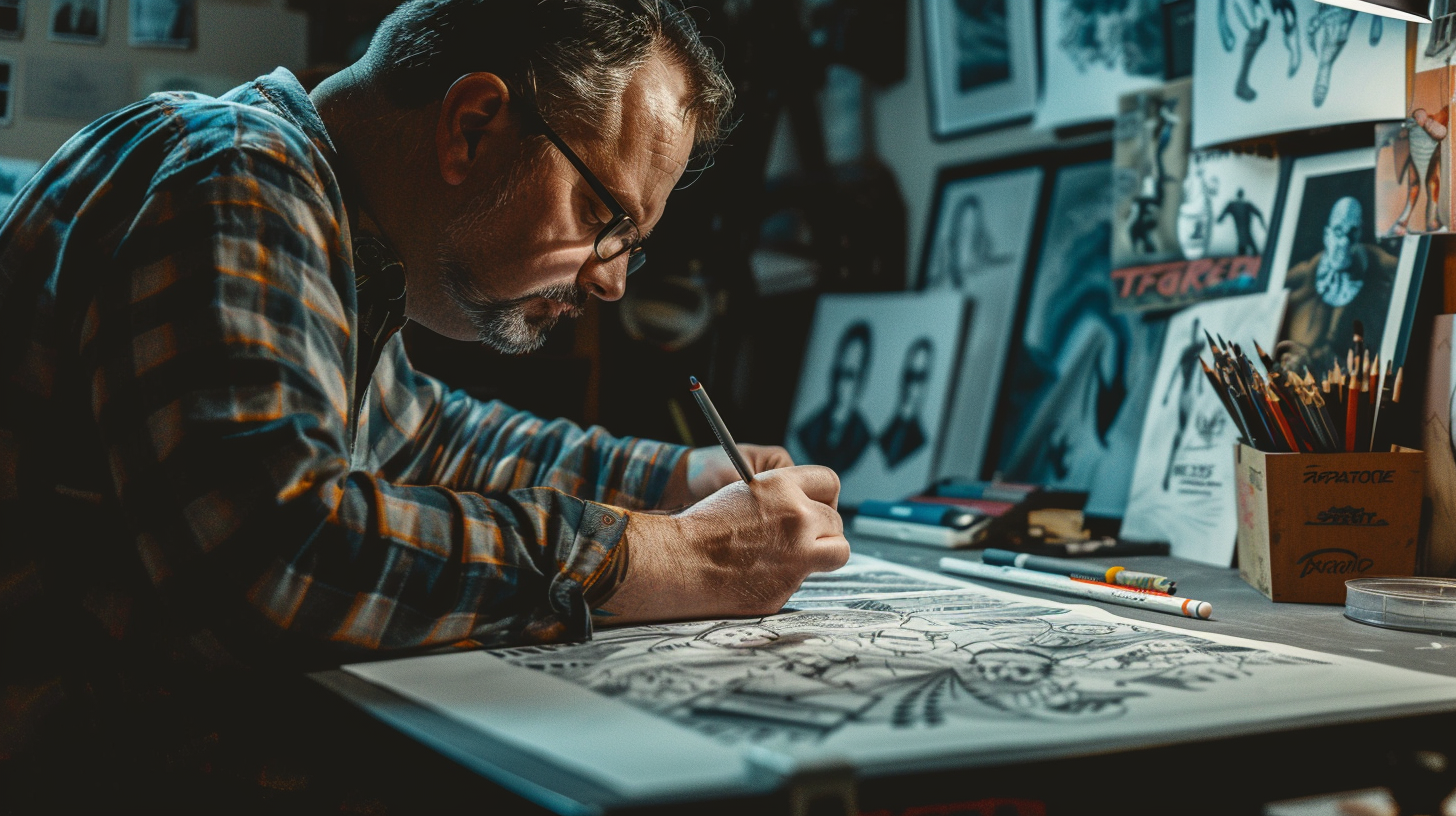 a man is sitting at a desk with a pencil and pencil