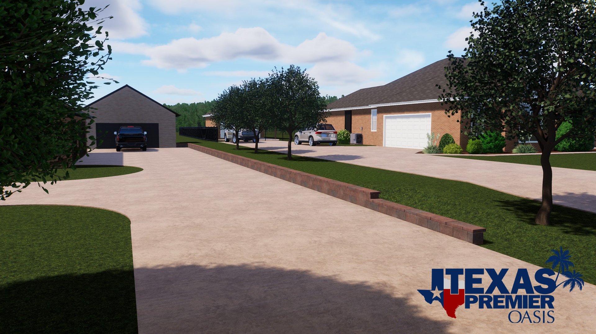3D rendering of residential driveway.