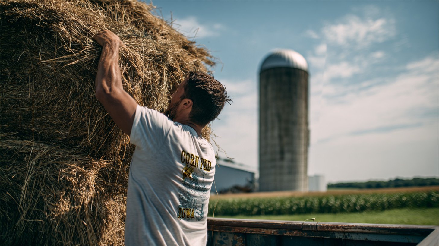 A farmer stacking dry hay bales onto a truck near a farm silo in a sunny rural field.