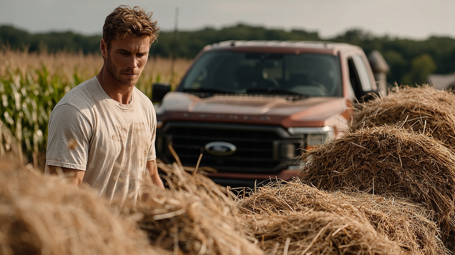 A male farmer working with hay bales in a cornfield next to a Ford pickup truck.