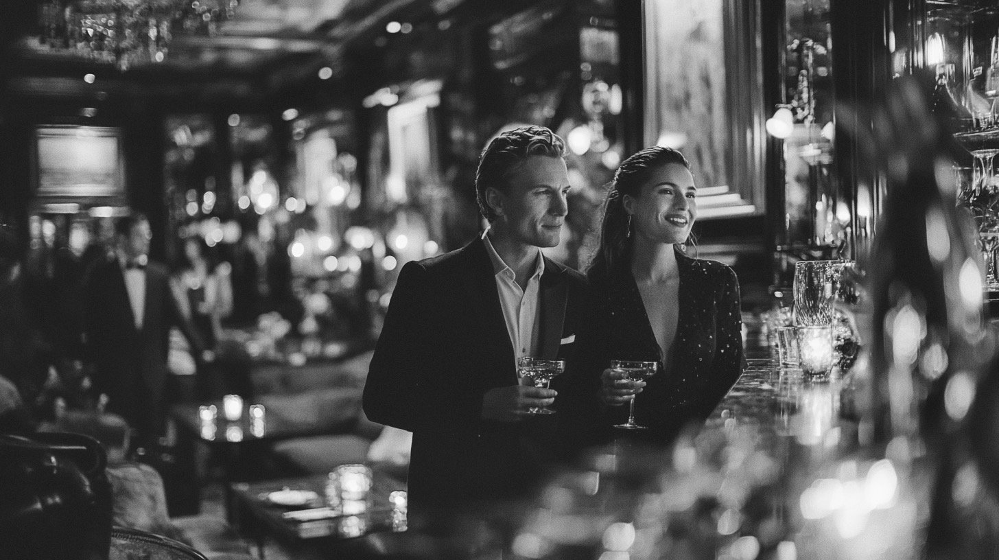 Elegant couple in formal attire holding cocktails at a luxurious, dimly lit upscale bar.