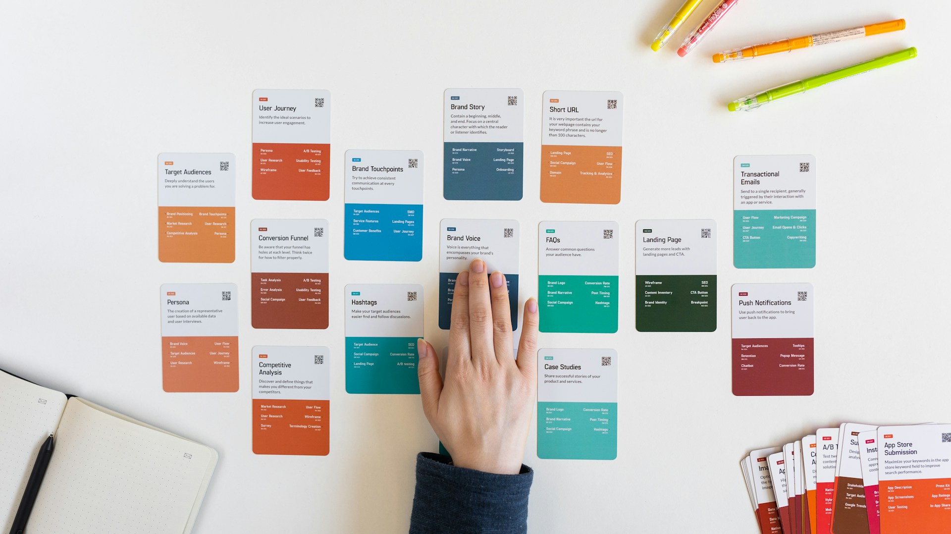 Hand arranging marketing strategy cards and a notebook on a white desk for brand development.