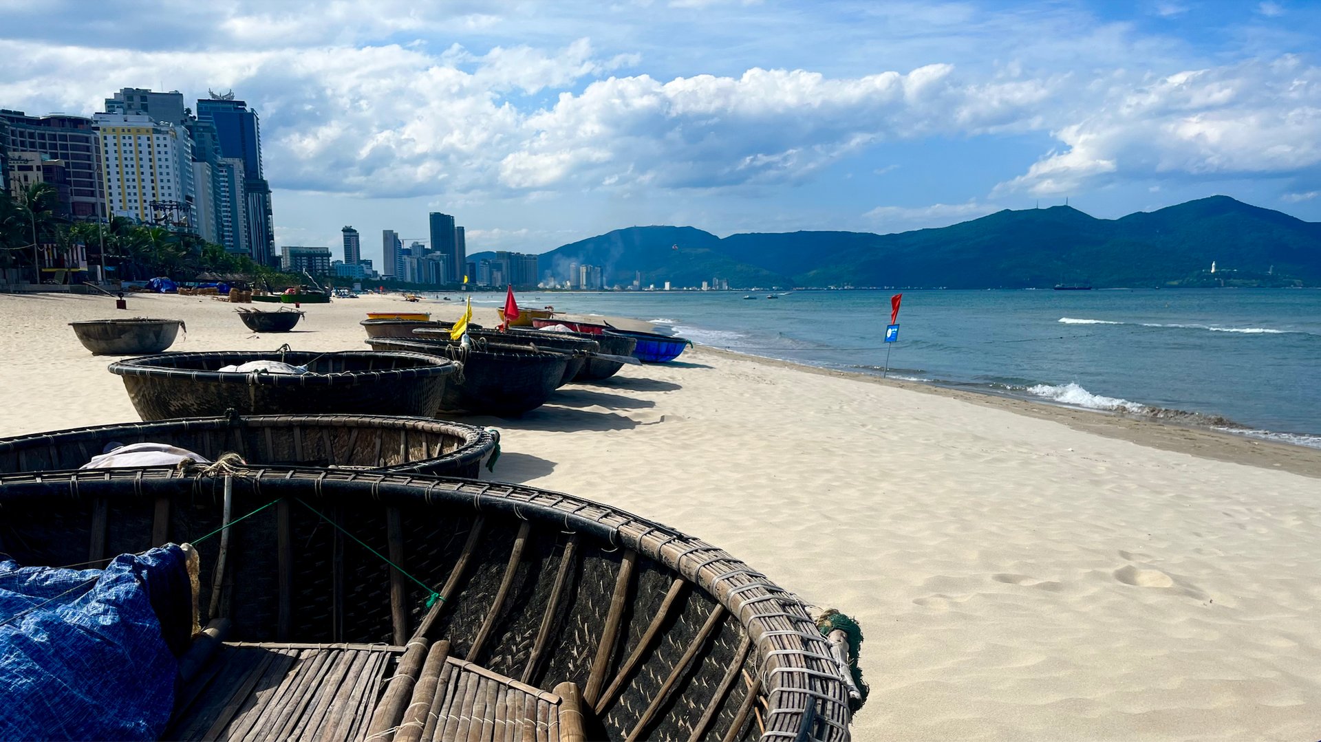 Traditional basket boats on My Khe Beach, Da Nang, Vietnam