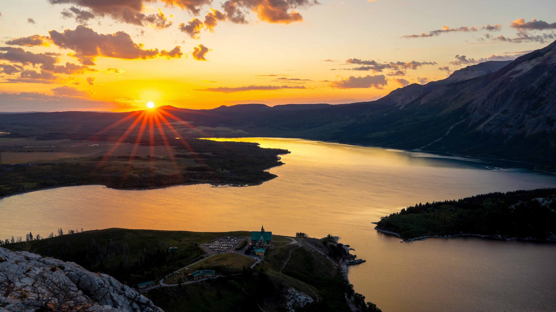 Sunrise over Upper Waterton Lake and Prince of Wales Hotel from Bear’s Hump.