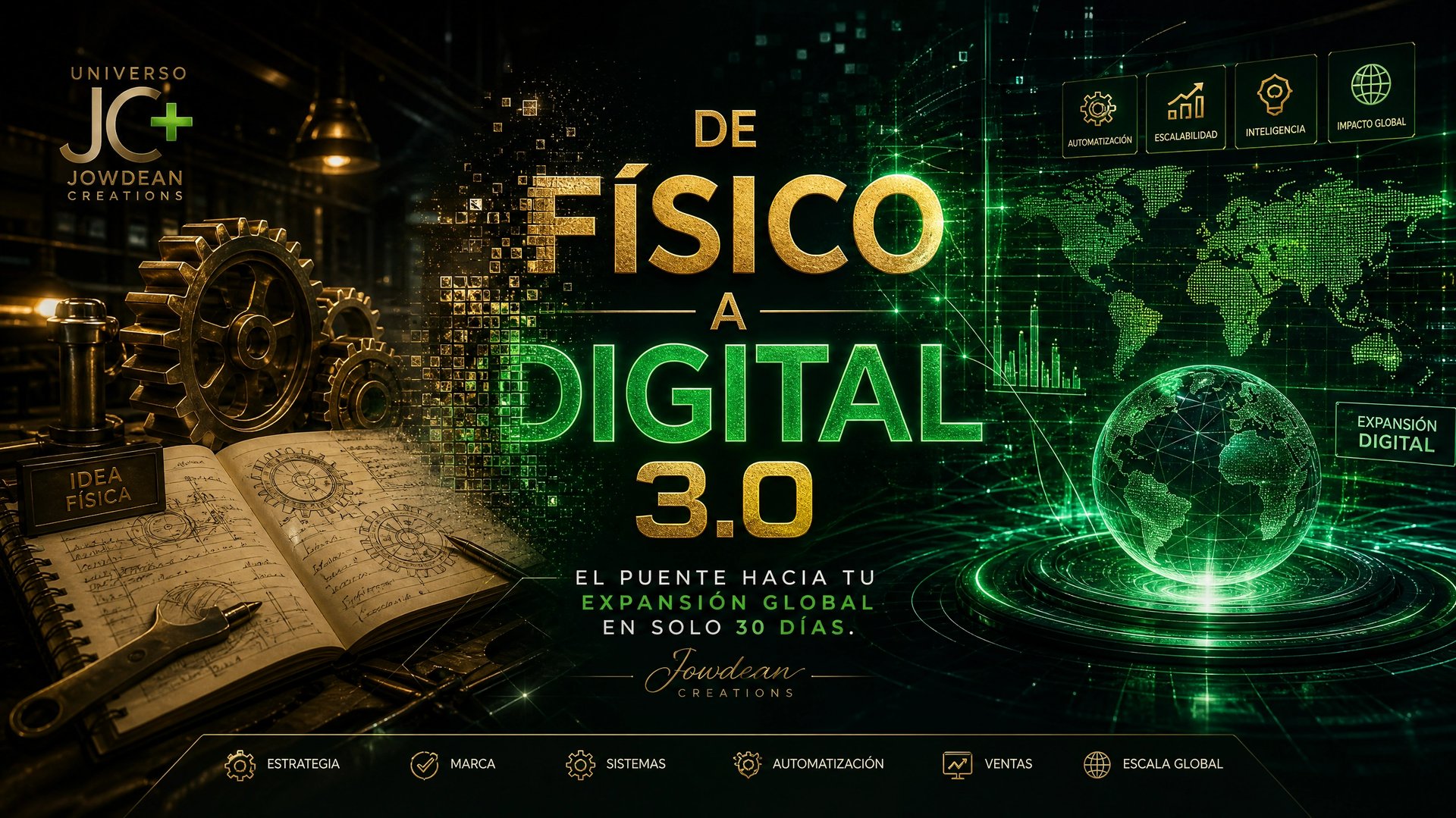Digital transformation graphic showing a transition from physical gears and books to a glowing global tech grid.