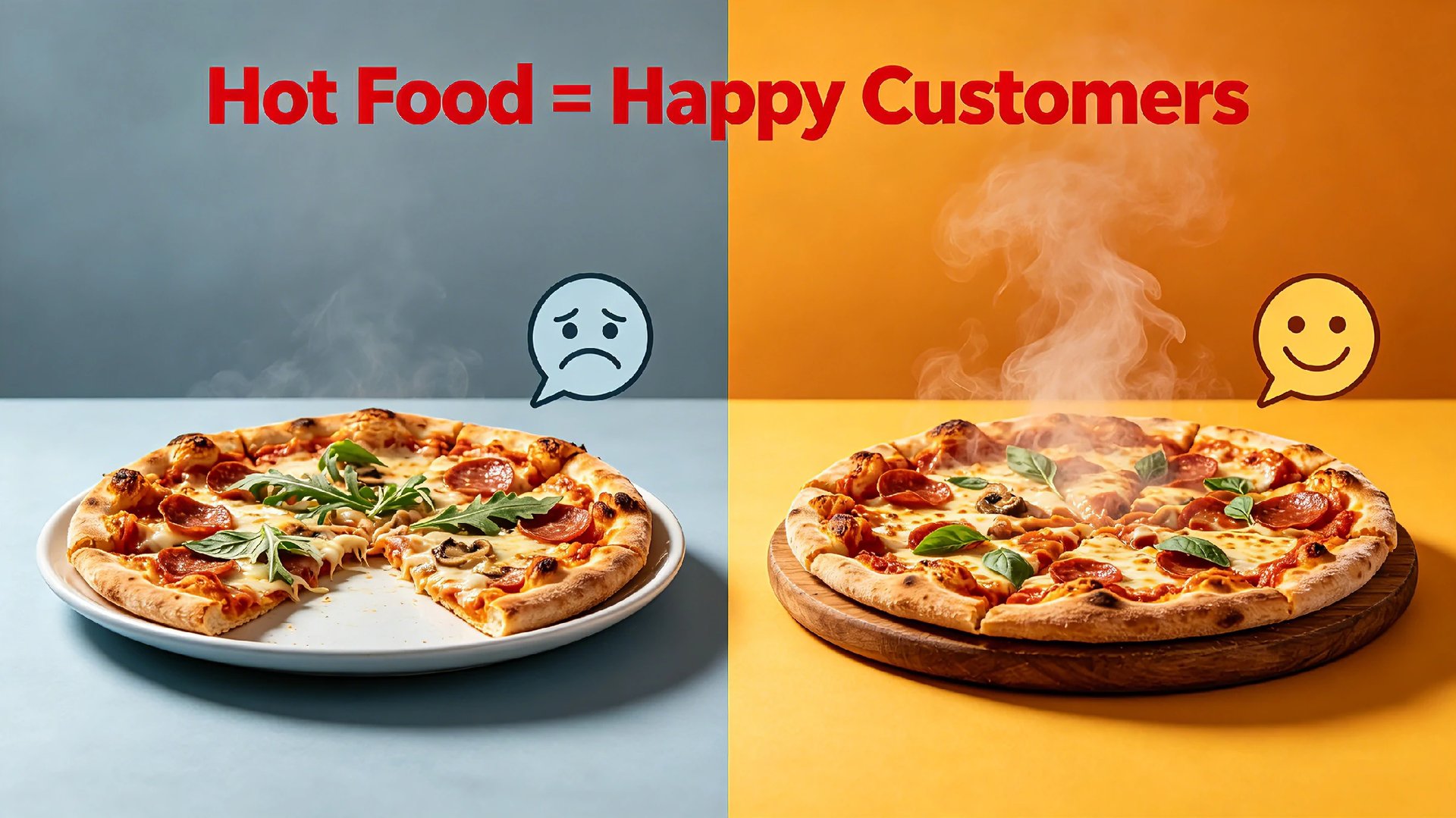 Comparison cold vs. hot pizza. Highlights how thermal insulation ensures customer satisfaction.