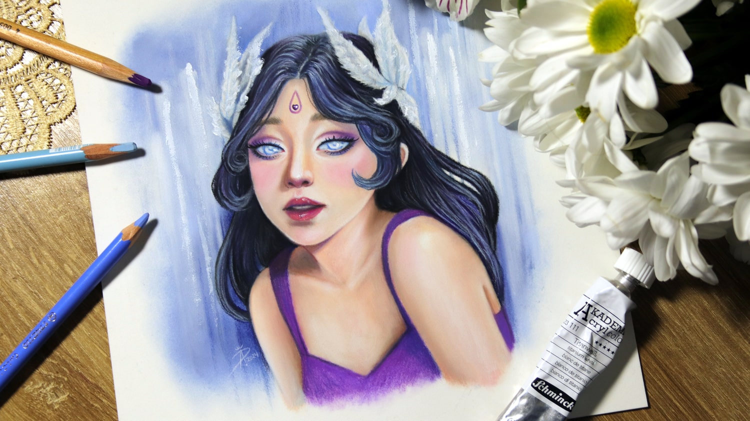 drawing of a girl with feathers in her hair