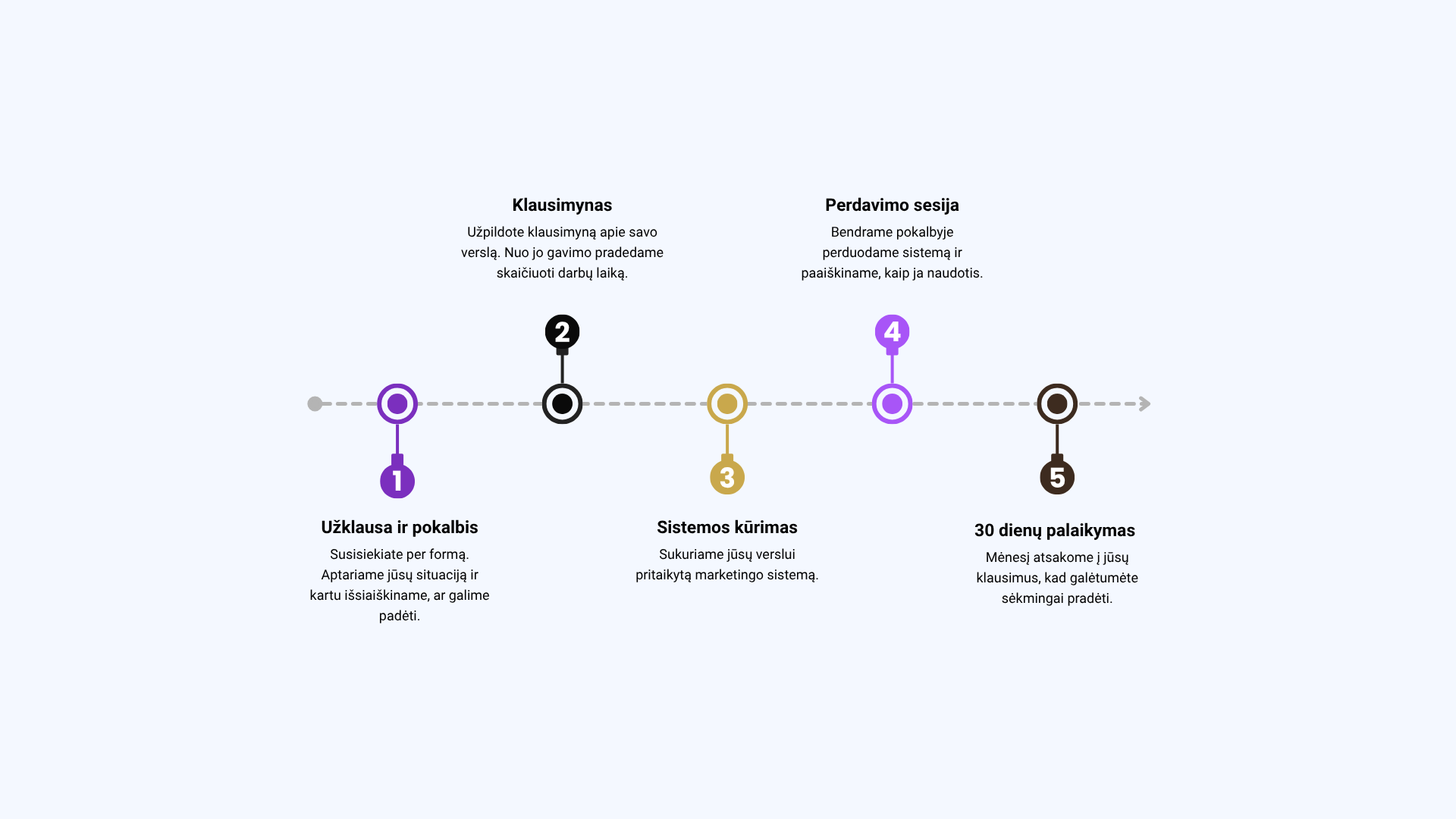 Digital Motive smulkaus verslo marketingo sistemos kūrimo penki žingsniai infografikas
