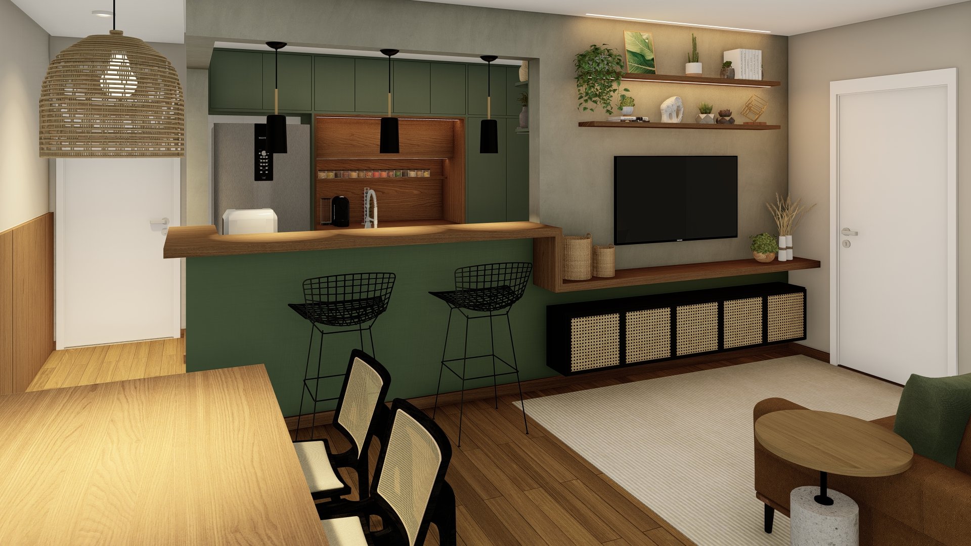 Projeto de Arquitetura e design de interiores para sala de estar com tons de verde