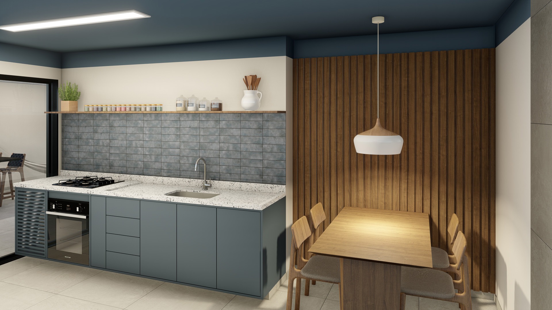 Projeto de reforma para uma cozinha com tons de azul e acabamentos em madeira.