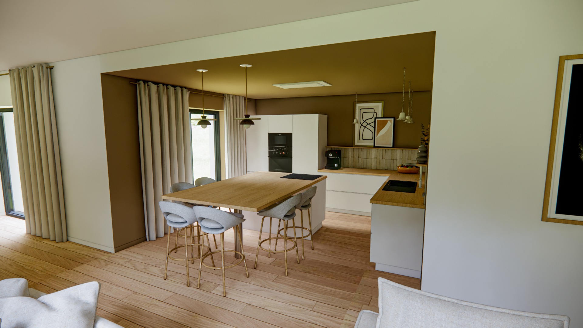 Cuisine équpée moderne, façades blanches, plan de travail en bois