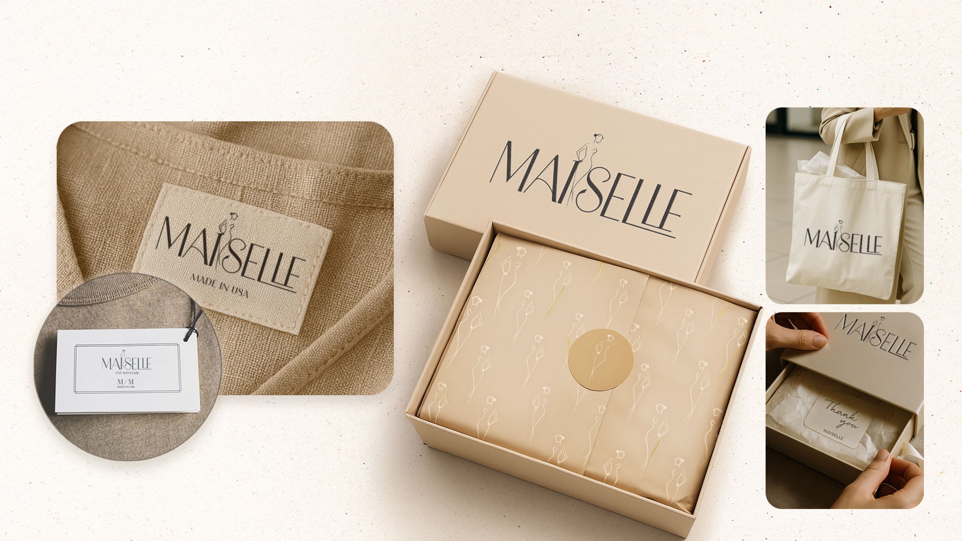 Maiselle packaging with custom box, tissue, and labels by UrBrand Studio.
