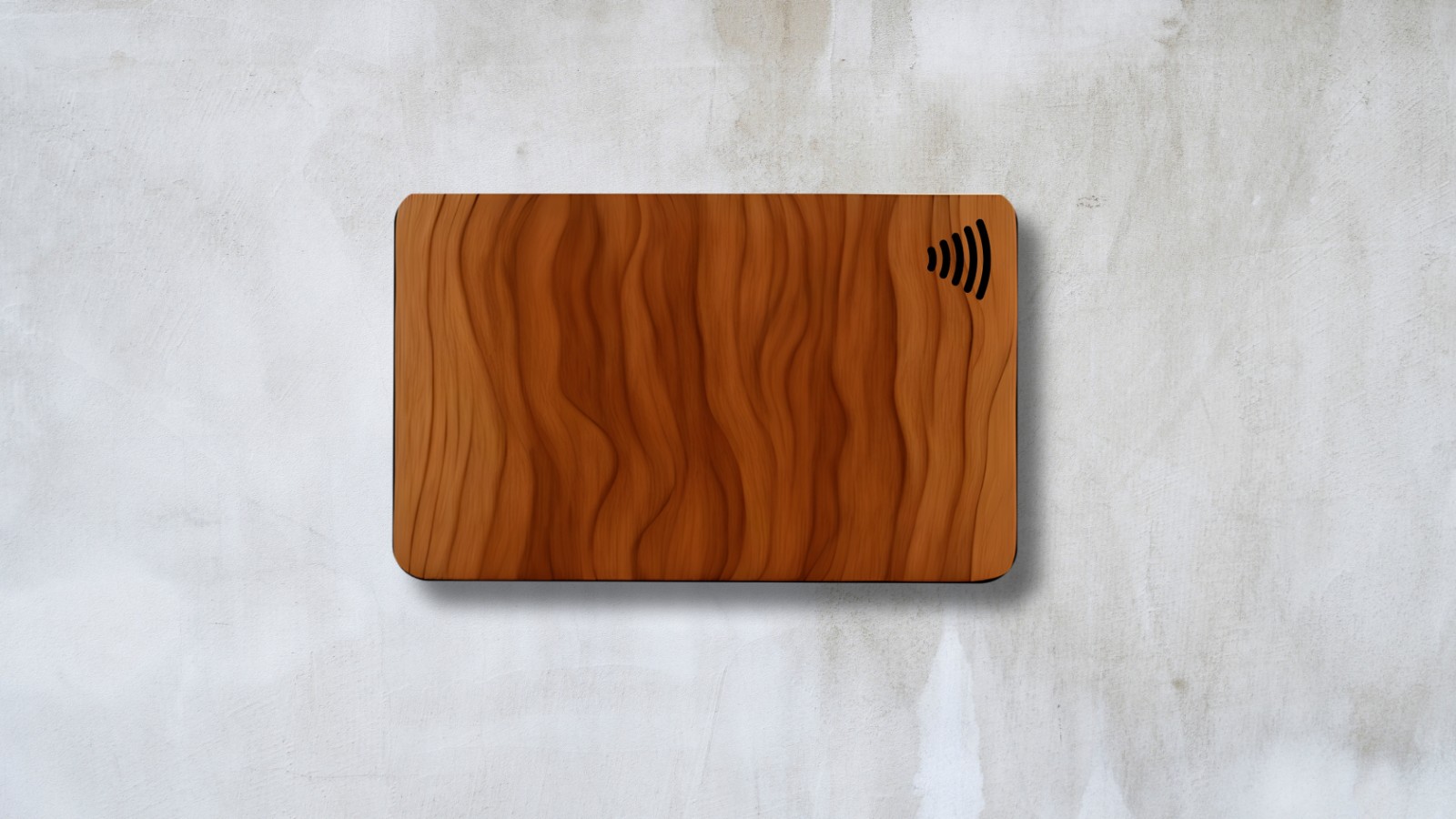 a wooden NFC card with a wireless logo attached to it. made in paranaque