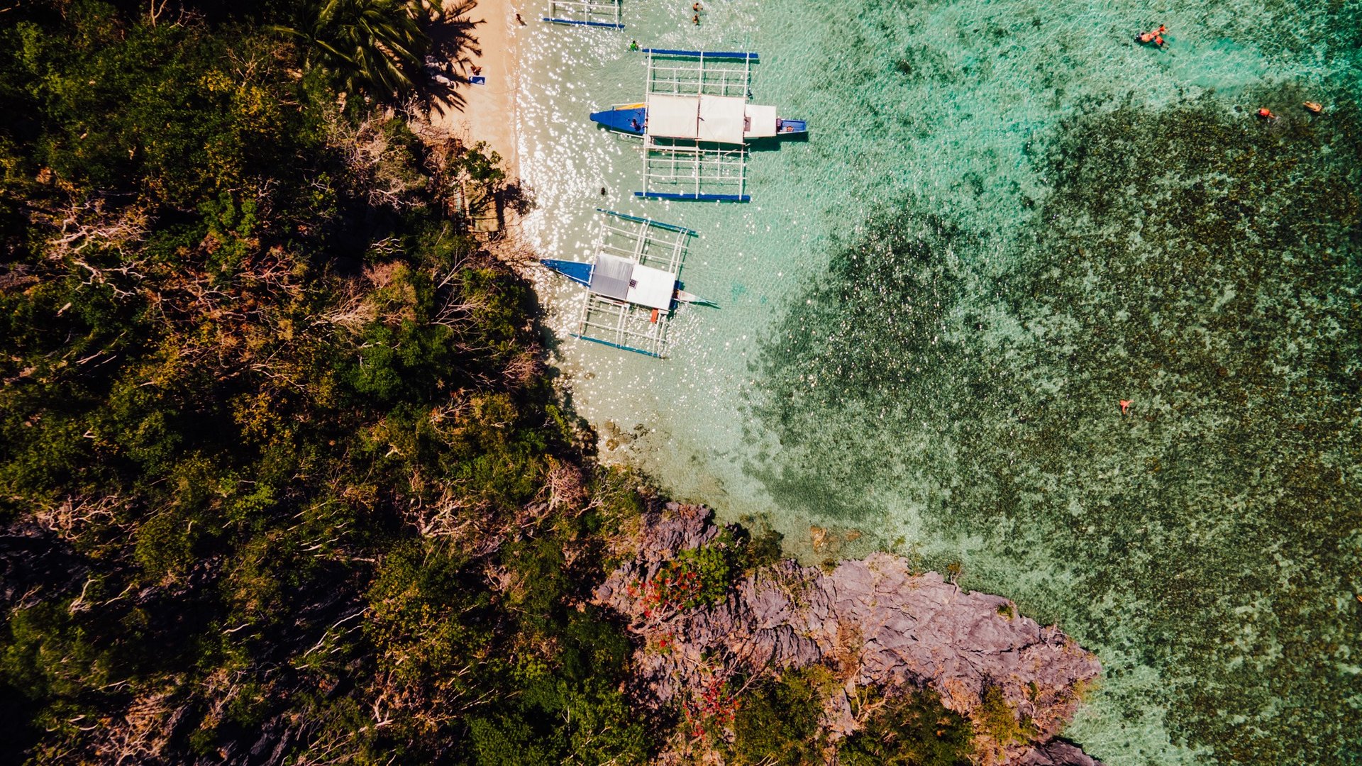 a group of boats docked at a beach