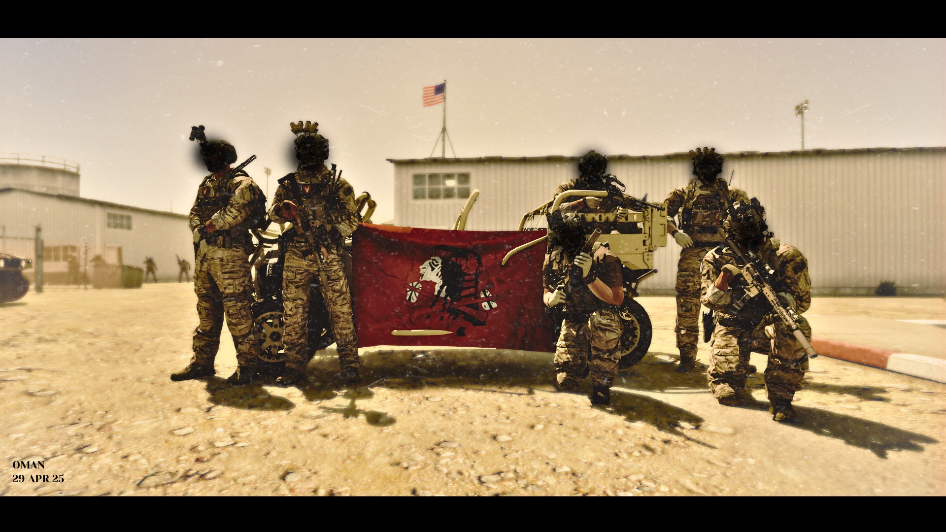 corpo d'elite americano in Arma 3 in posa con la bandiera della fazione