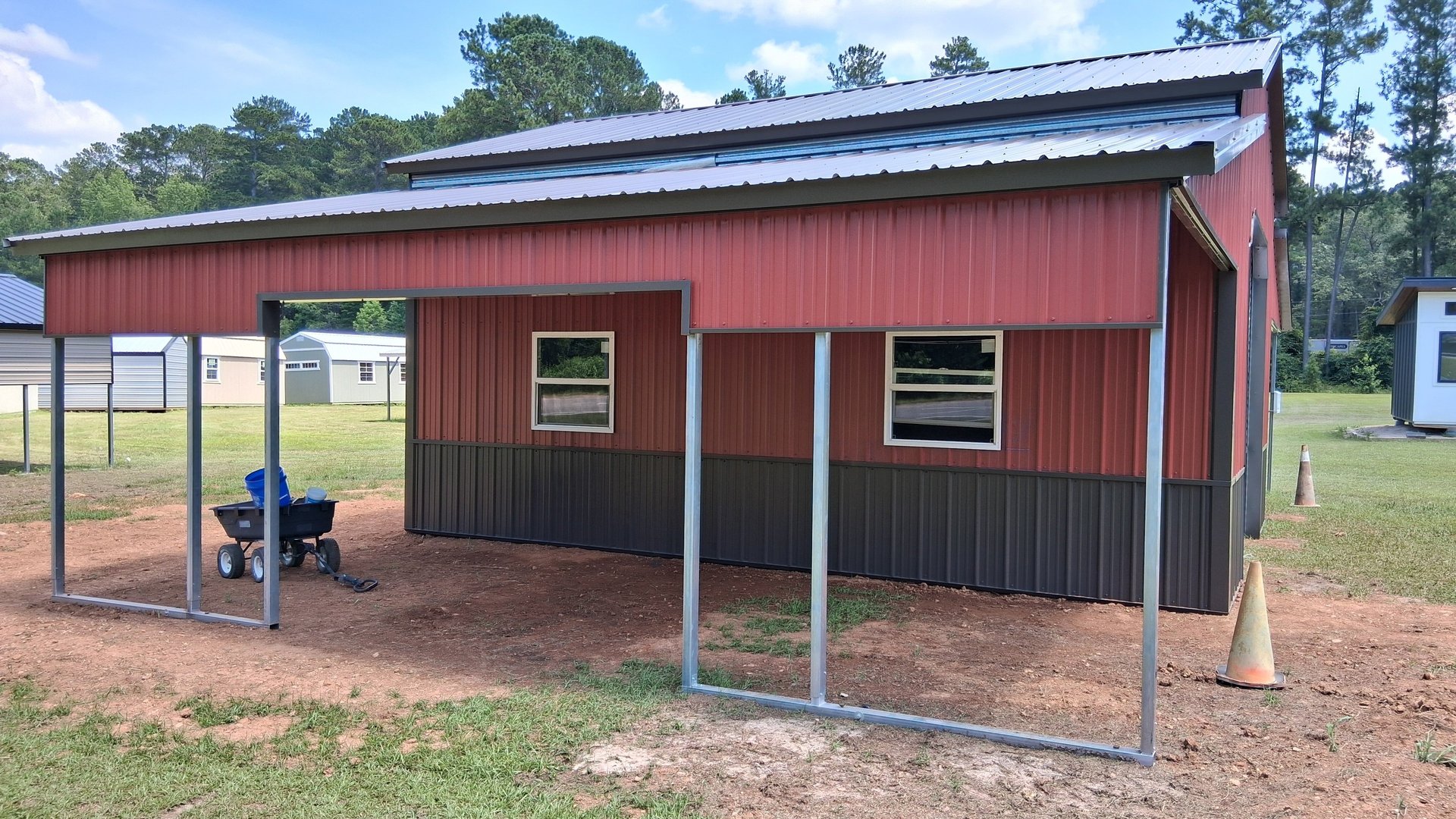 Custom Frame-out on red metal lean-to shed by PVBMC