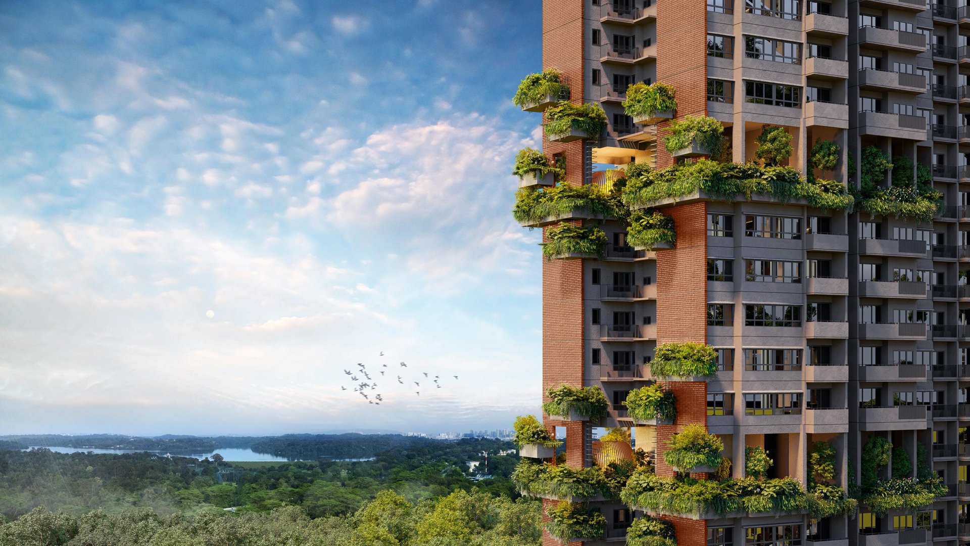 Panoramic architectural view of Springleaf Residence's modern 25-storey residential towers near MRT
