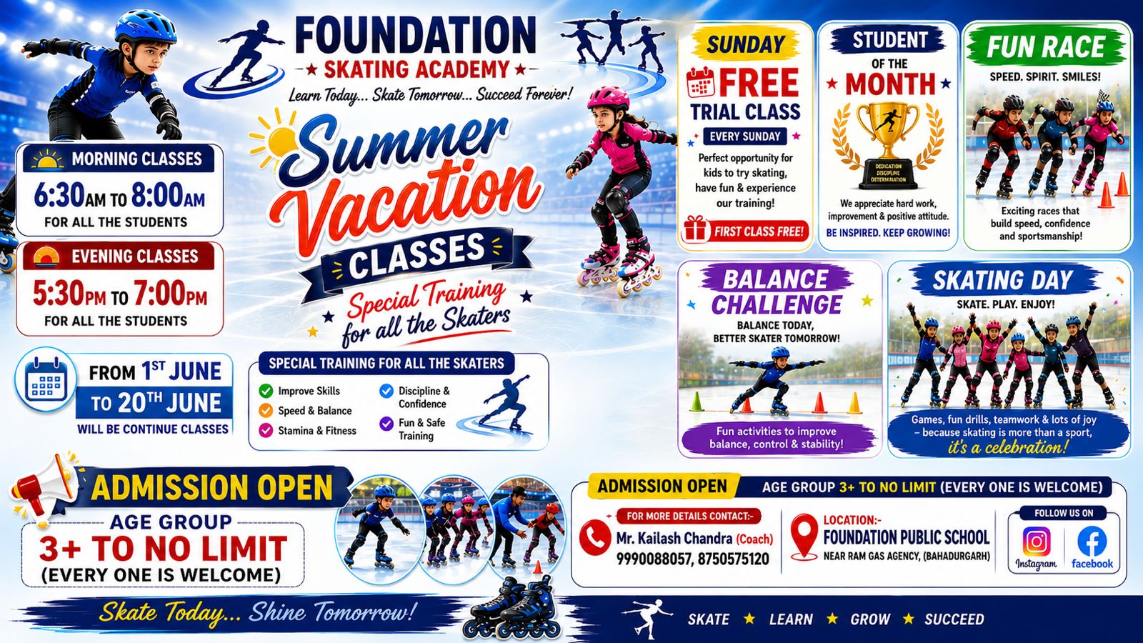 Foundation Skating Academy flyer for summer vacation classes featuring kids in roller skates and safety gear.