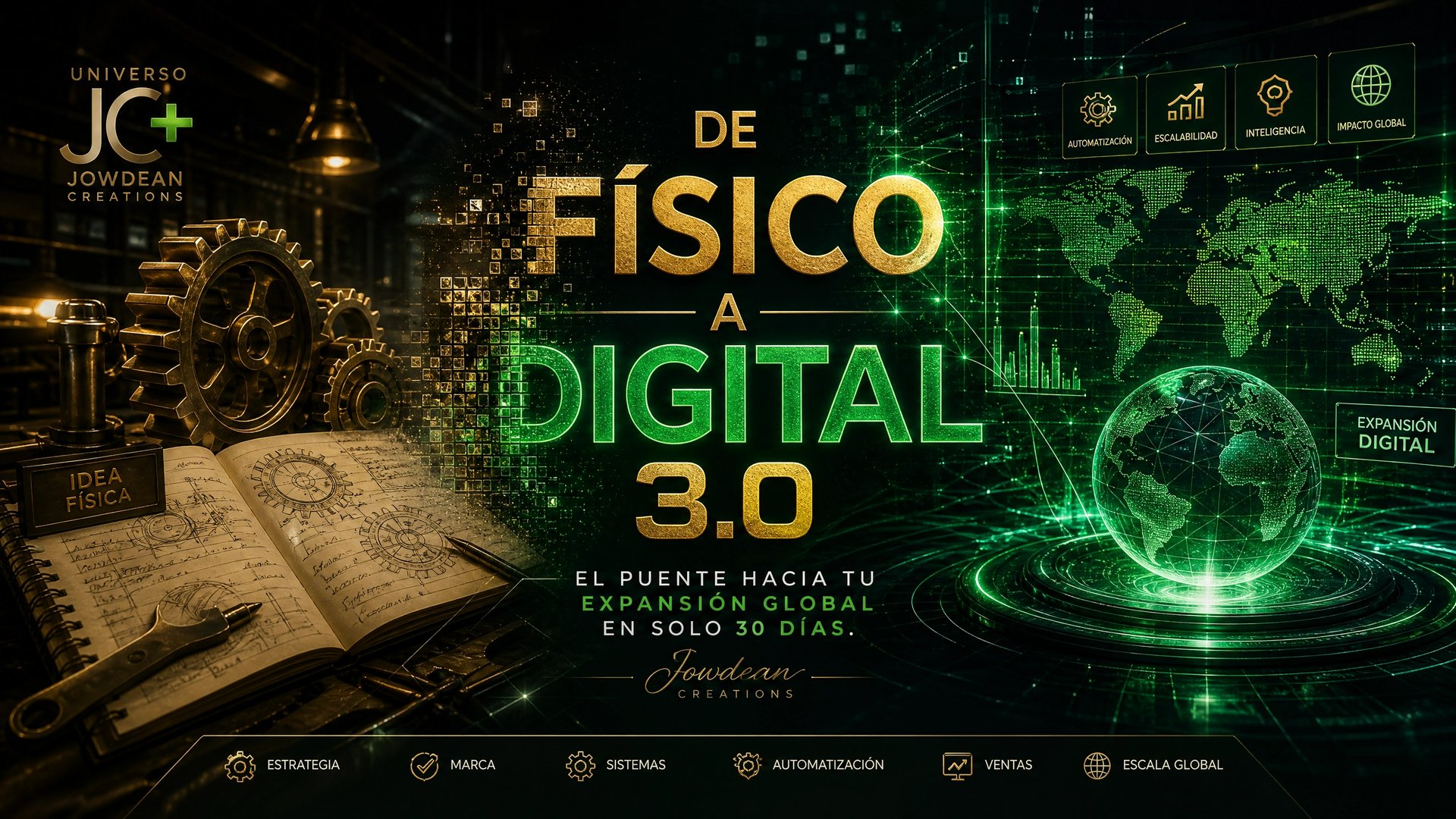 Digital transformation graphic showing a transition from physical gears and books to a glowing global tech grid.