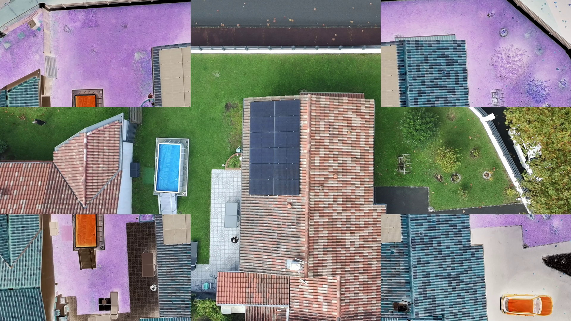Vue aérienne d'un toit avec panneaux solaires installés sur des tuiles à côté d'une piscine