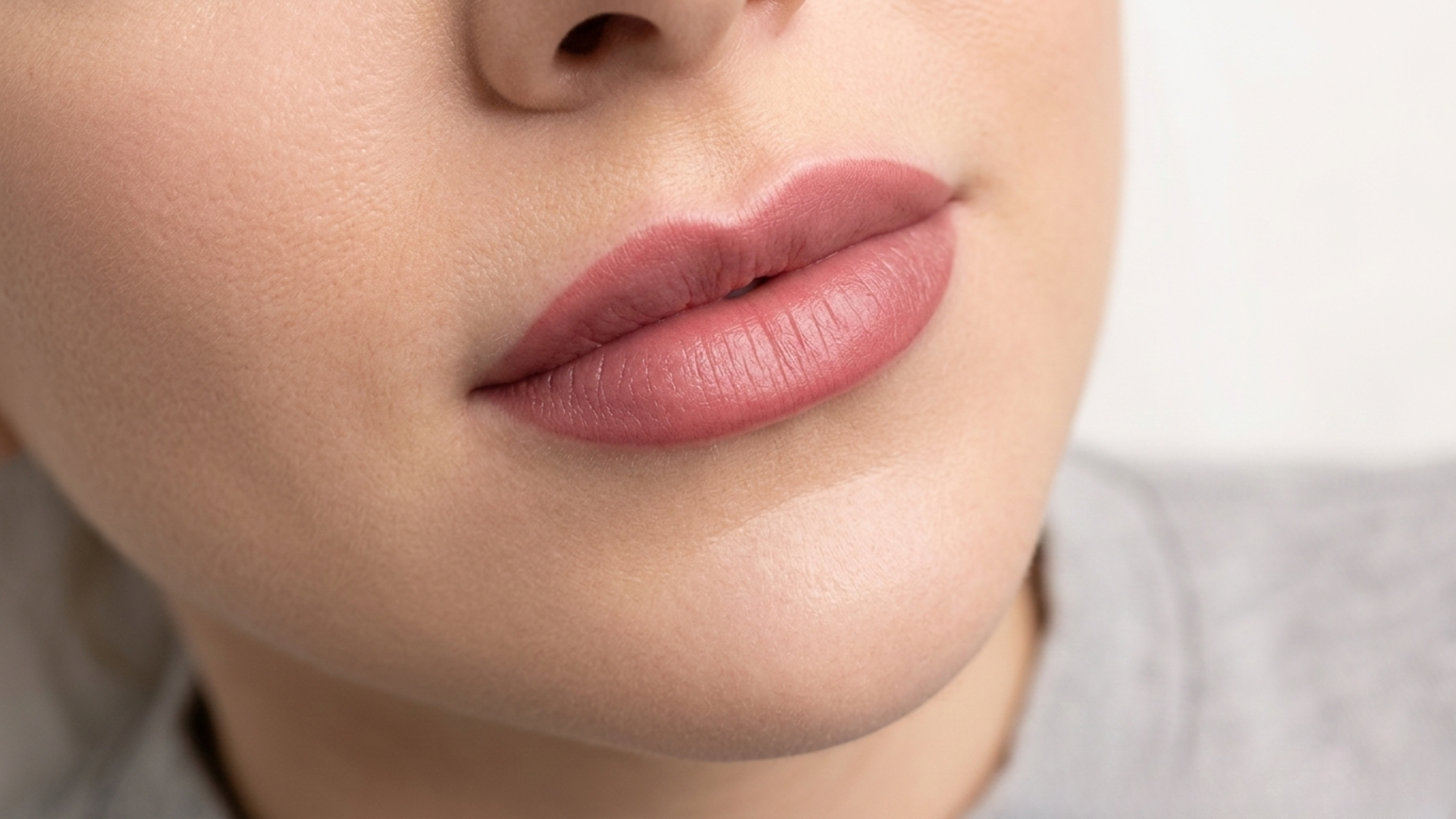 Close-up of a woman's lips with natural pink lip blush tattoo after professional permanent makeup.