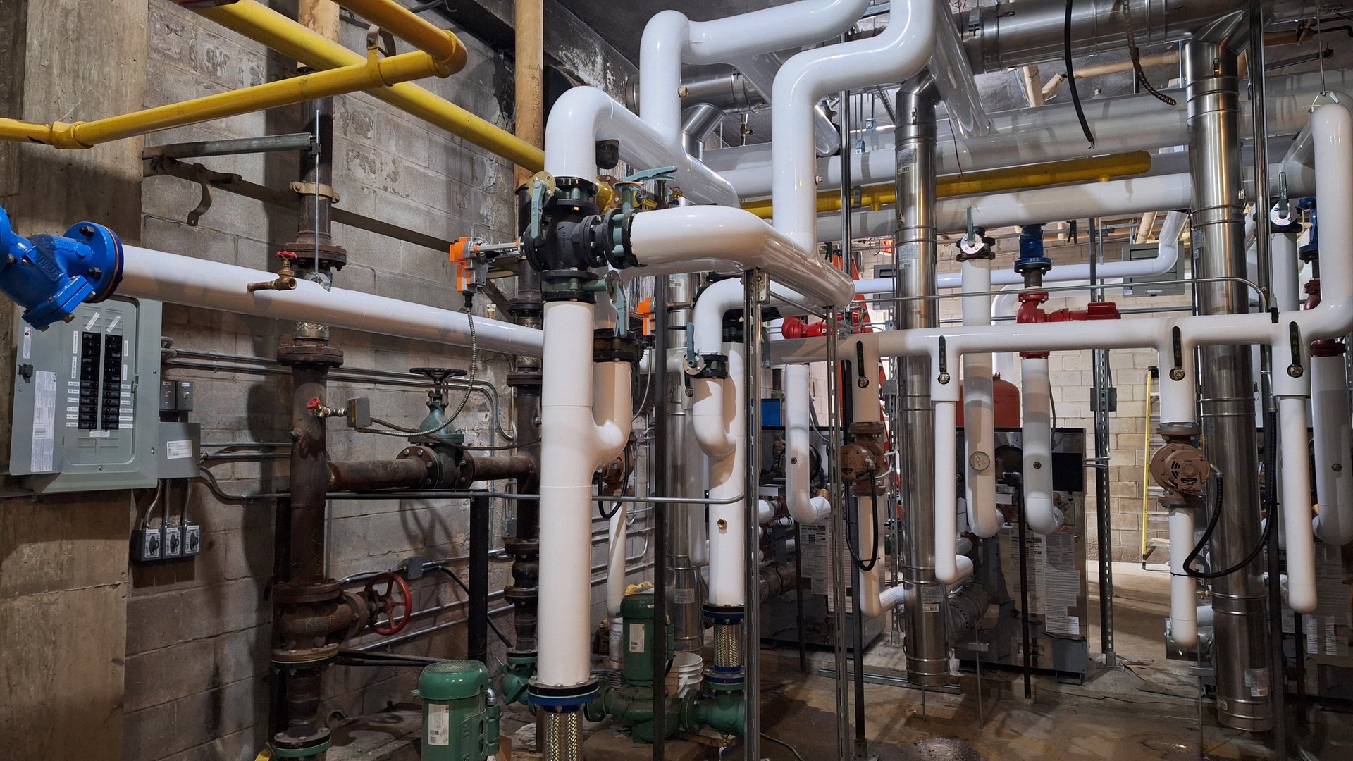 A boiler room with complex Electrical wiring