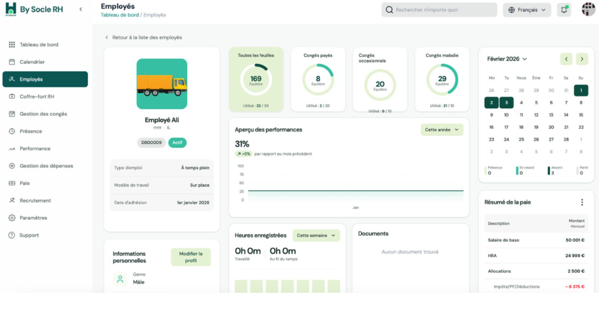 By Socle RH employee dashboard showing human resources analytics, leave balances, and payroll summaries.