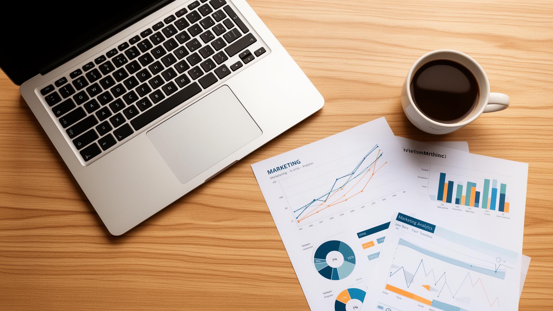 Overhead view of a laptop, marketing analytics reports, and a coffee cup on a wooden desk.