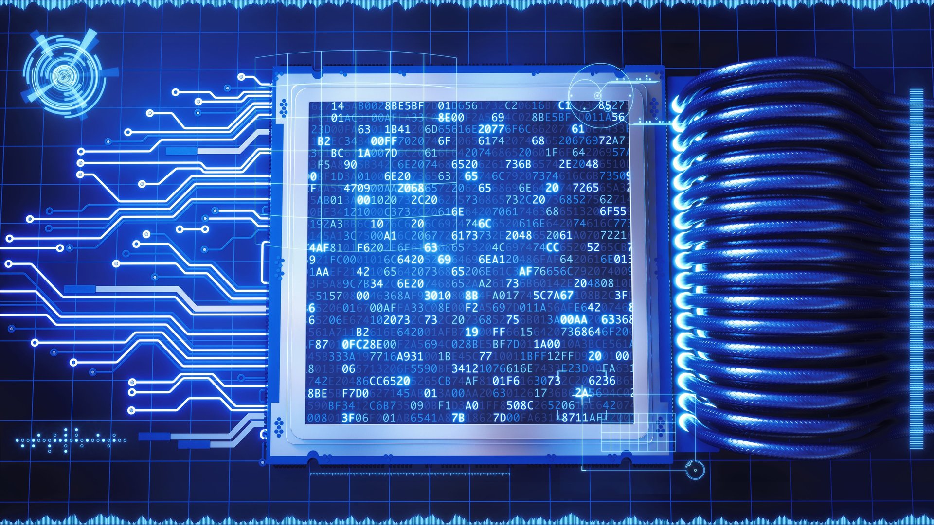 Futuristic view of electrical and light based interconnects onto a digital processing chip