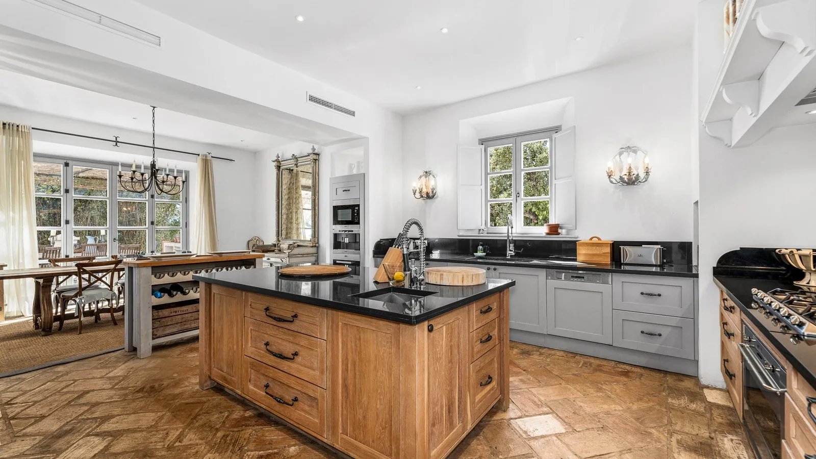 Kitchen view with island and wooden floors at Finca Santa Katerina