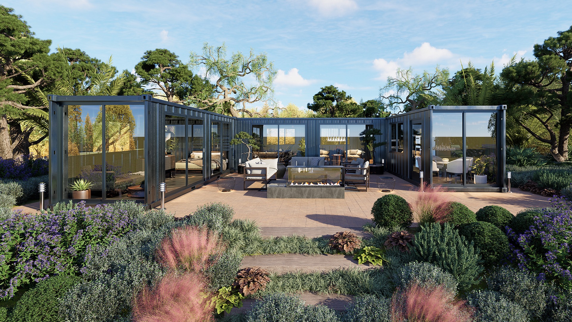 3D illustration front view of a Container home with a sundeck