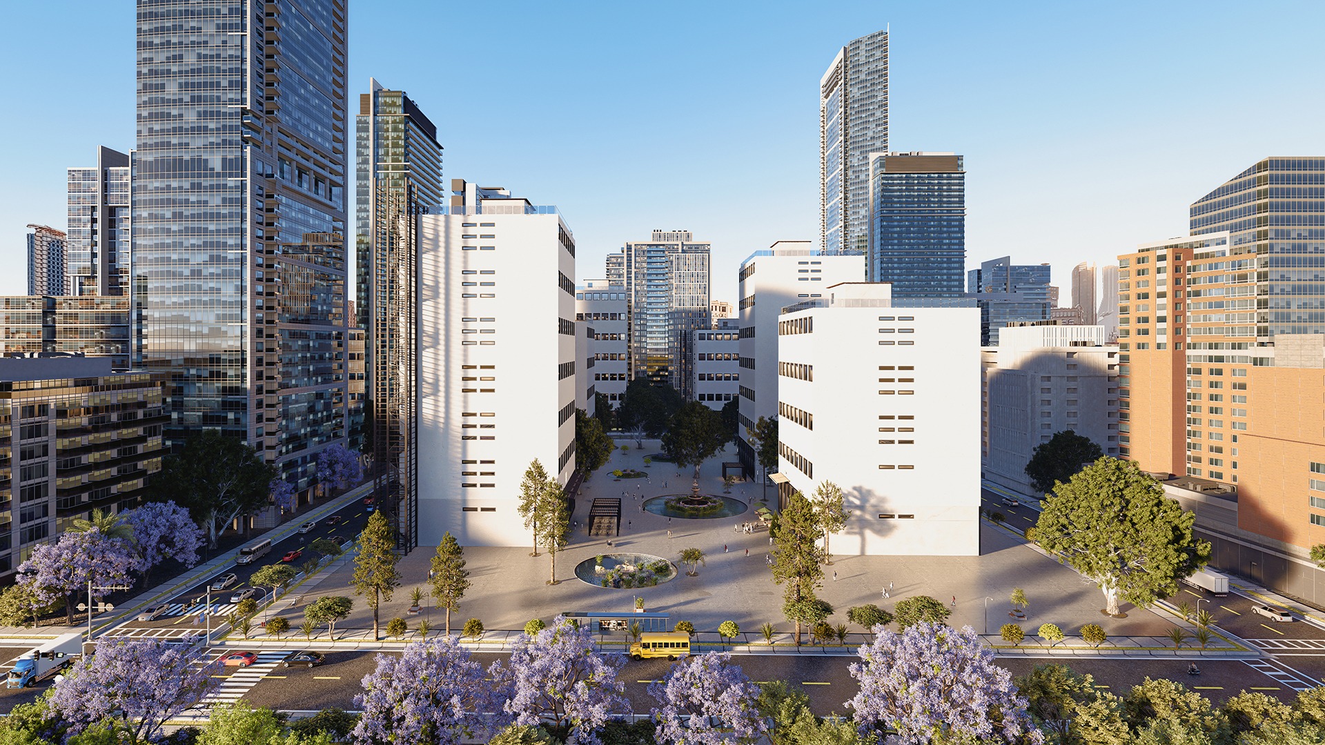 3D render of a generic city with tall skyscrapers and traffic