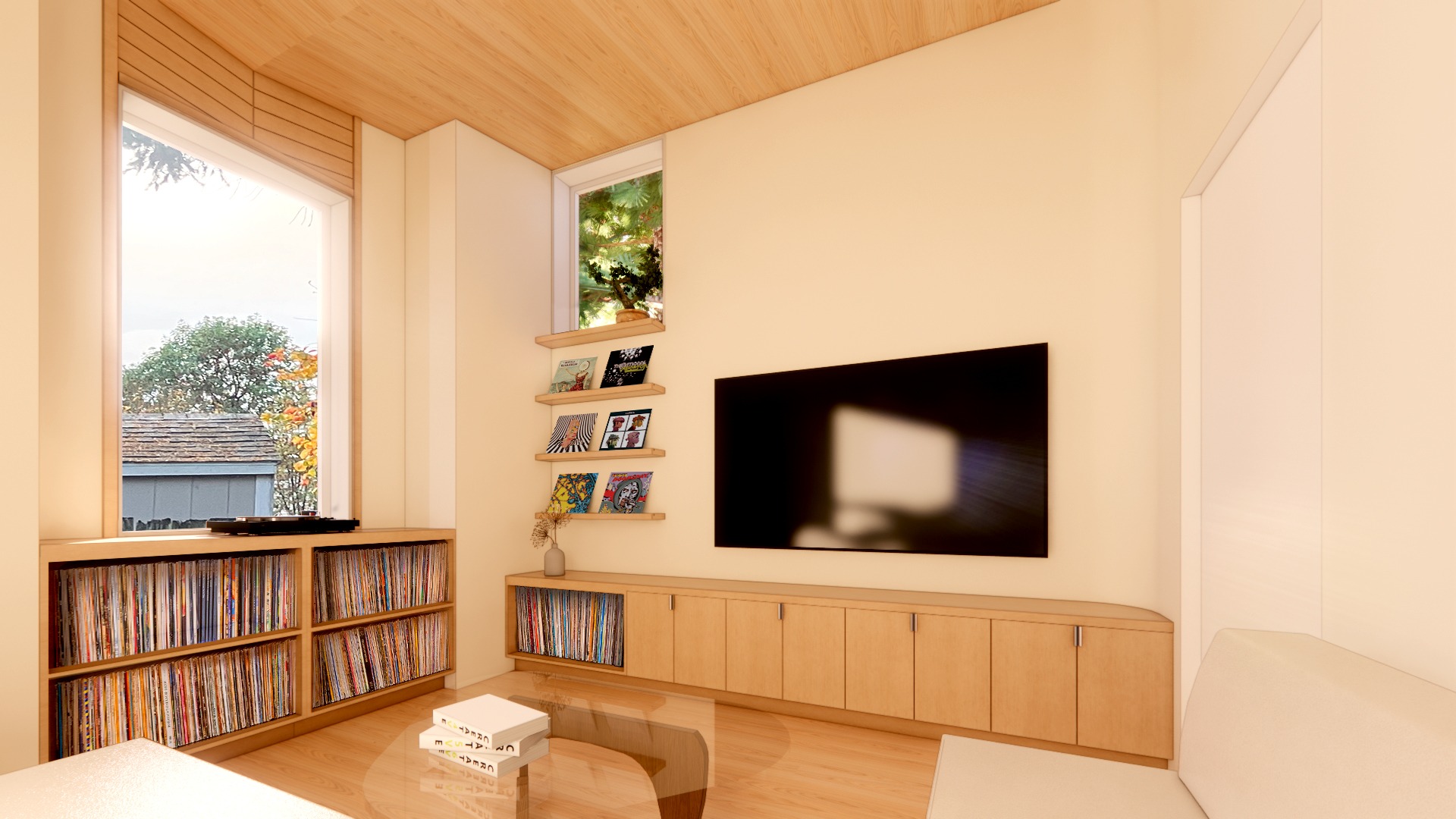 Modern minimalist living room featuring a wall-mounted TV and extensive light wood vinyl record storage cabinets.